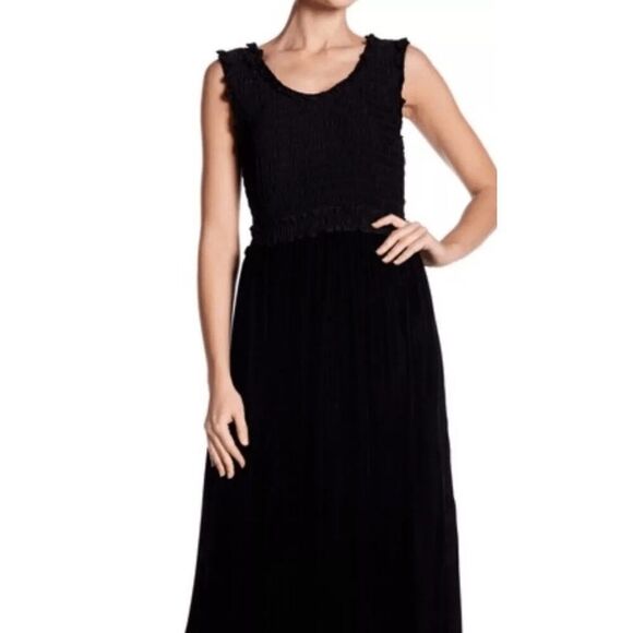 Max Studio London Georgette Black Smocked Velvet Goth Maxi Dress Med - Picture 8 of 10
